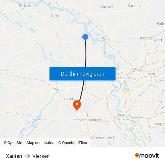 Xanten to Viersen map