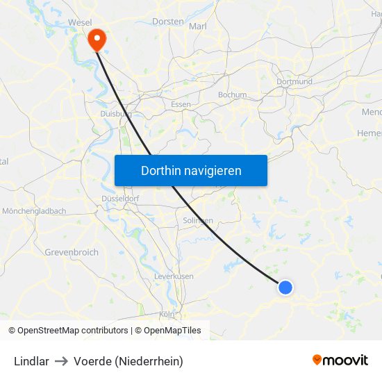 Lindlar to Voerde (Niederrhein) map