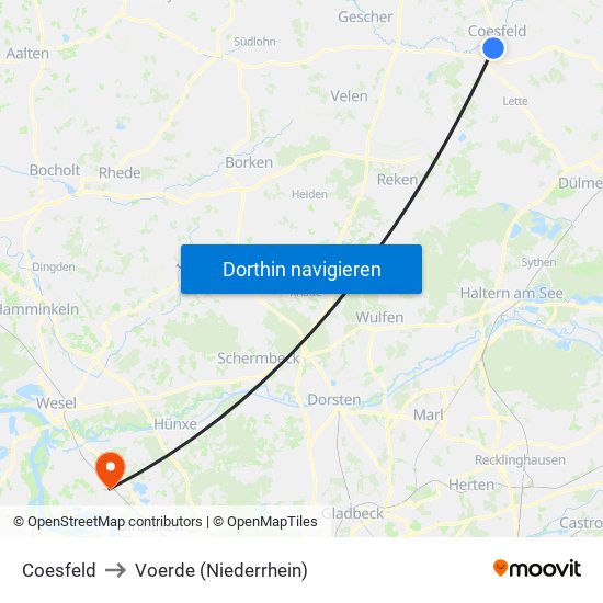 Coesfeld to Voerde (Niederrhein) map