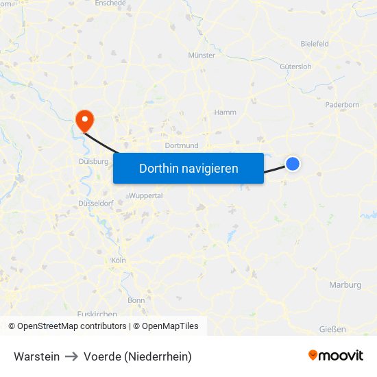 Warstein to Voerde (Niederrhein) map