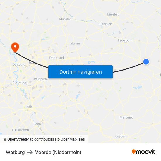 Warburg to Voerde (Niederrhein) map