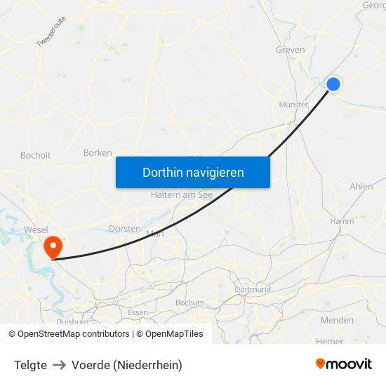 Telgte to Voerde (Niederrhein) map