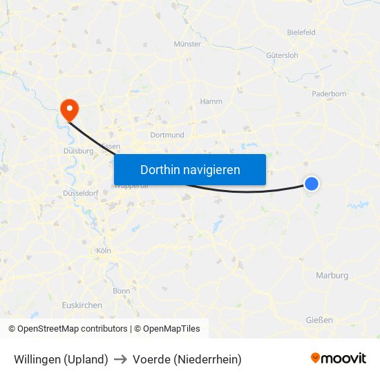 Willingen (Upland) to Voerde (Niederrhein) map