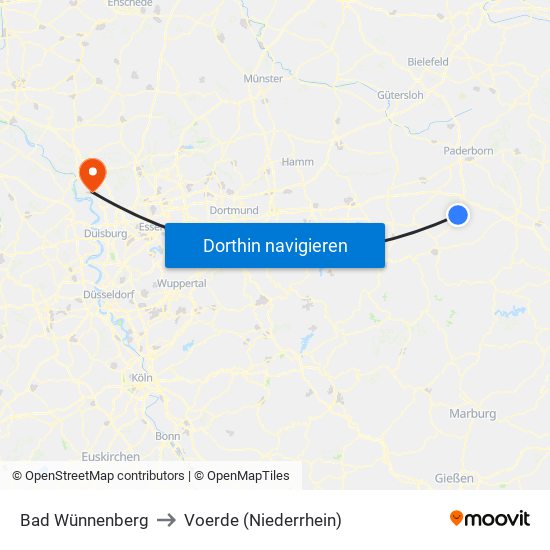 Bad Wünnenberg to Voerde (Niederrhein) map