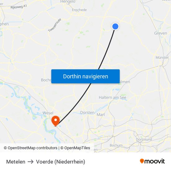 Metelen to Voerde (Niederrhein) map