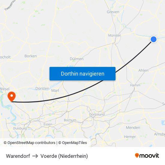 Warendorf to Voerde (Niederrhein) map