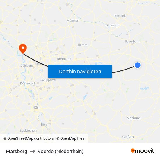 Marsberg to Voerde (Niederrhein) map