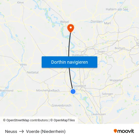 Neuss to Voerde (Niederrhein) map