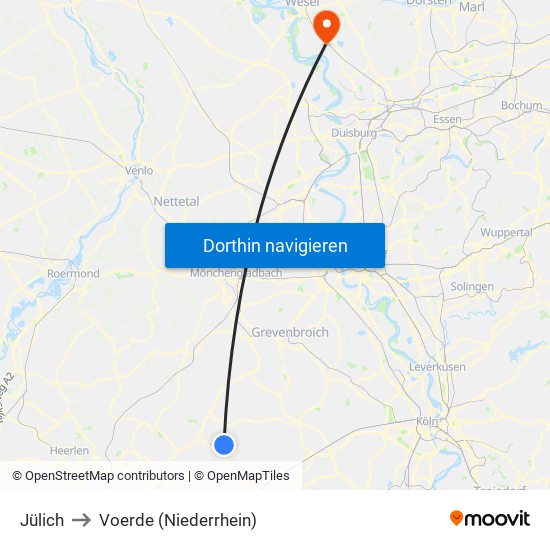 Jülich to Voerde (Niederrhein) map