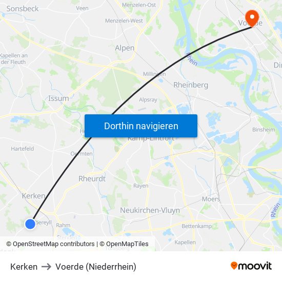 Kerken to Voerde (Niederrhein) map