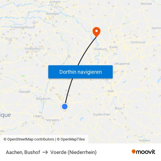 Aachen, Bushof to Voerde (Niederrhein) map