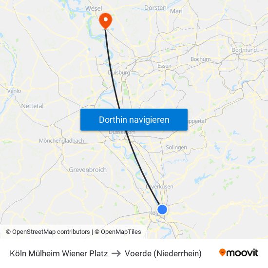 Köln Mülheim Wiener Platz to Voerde (Niederrhein) map