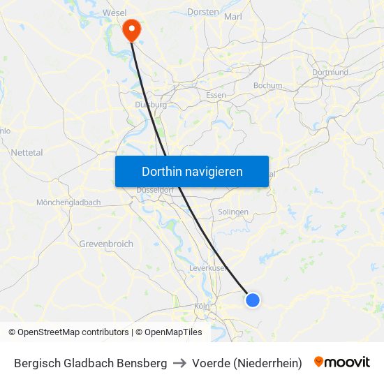 Bergisch Gladbach Bensberg to Voerde (Niederrhein) map