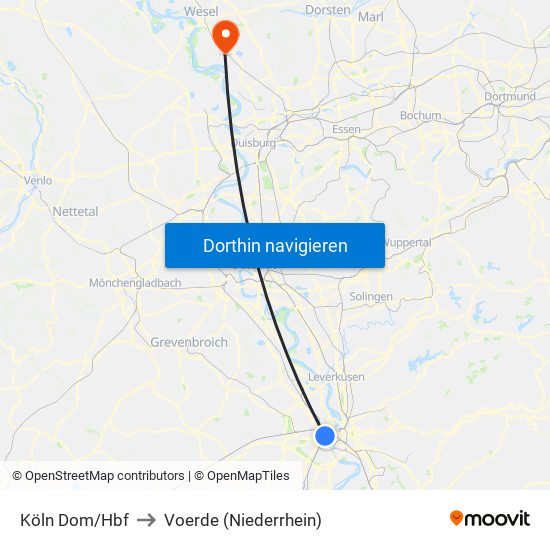 Köln Dom/Hbf to Voerde (Niederrhein) map