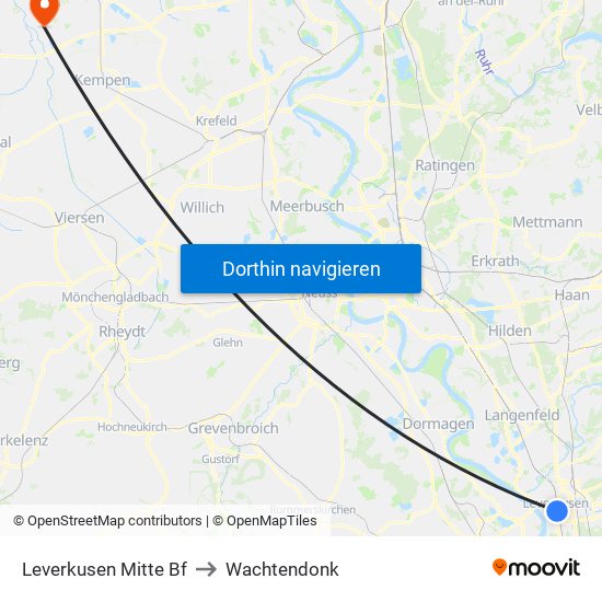 Leverkusen Mitte Bf to Wachtendonk map