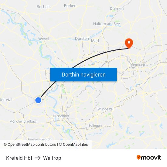 Krefeld Hbf to Waltrop map