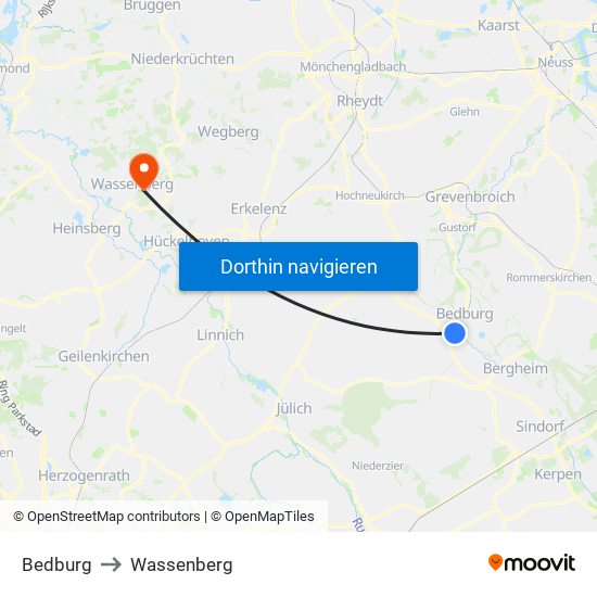 Bedburg to Wassenberg map
