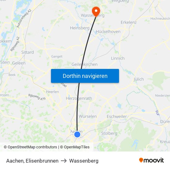 Aachen, Elisenbrunnen to Wassenberg map