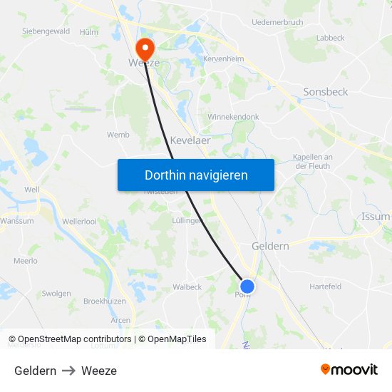 Geldern to Weeze map