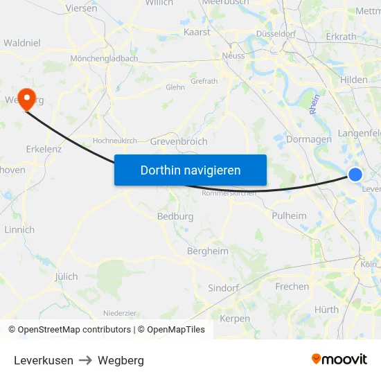 Leverkusen to Wegberg map