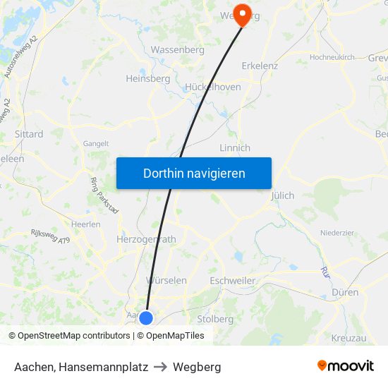 Aachen, Hansemannplatz to Wegberg map