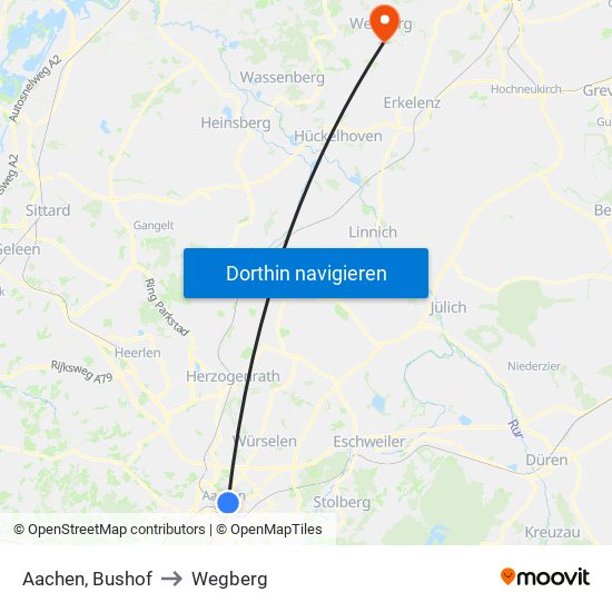 Aachen, Bushof to Wegberg map