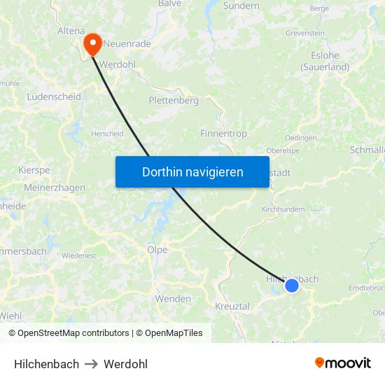 Hilchenbach to Werdohl map