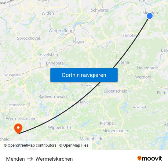 Menden to Wermelskirchen map