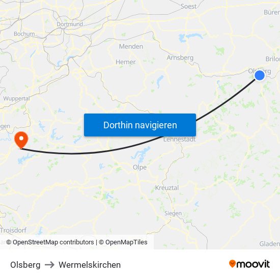 Olsberg to Wermelskirchen map