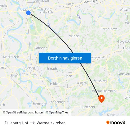 Duisburg Hbf to Wermelskirchen map