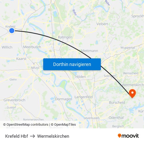 Krefeld Hbf to Wermelskirchen map