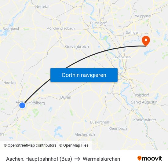 Aachen, Hauptbahnhof (Bus) to Wermelskirchen map