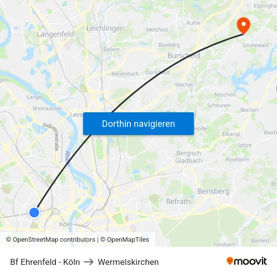 Bf Ehrenfeld - Köln to Wermelskirchen map