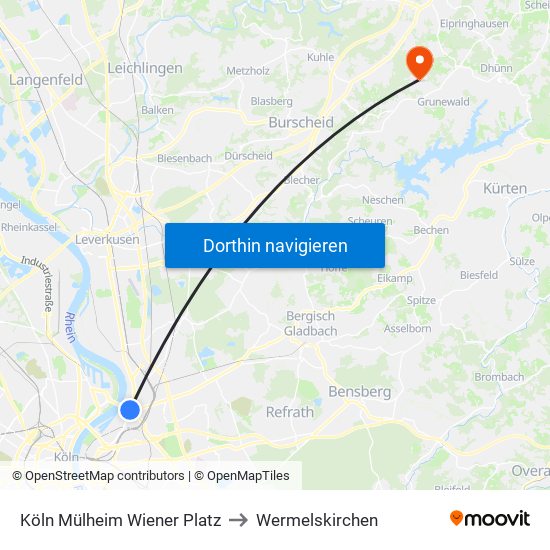 Köln Mülheim Wiener Platz to Wermelskirchen map