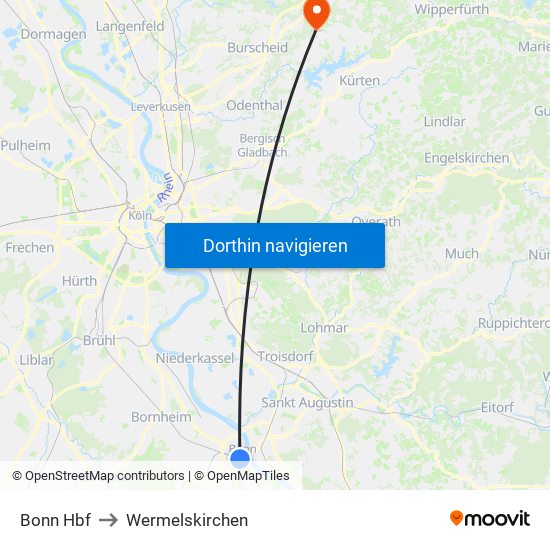 Bonn Hbf to Wermelskirchen map