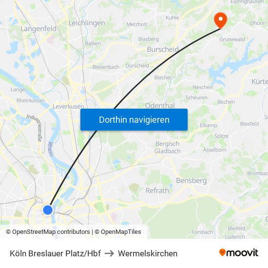 Köln Breslauer Platz/Hbf to Wermelskirchen map