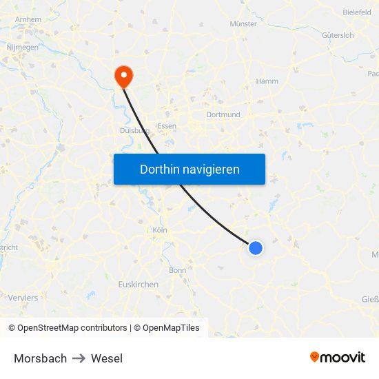 Morsbach to Wesel map