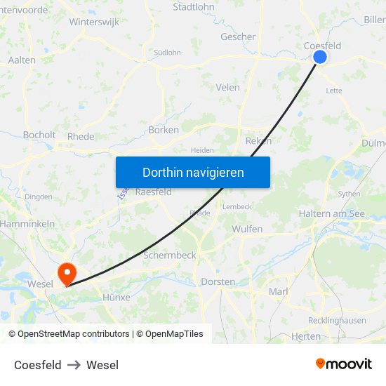 Coesfeld to Wesel map