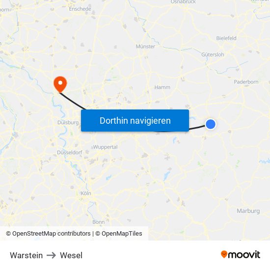 Warstein to Wesel map