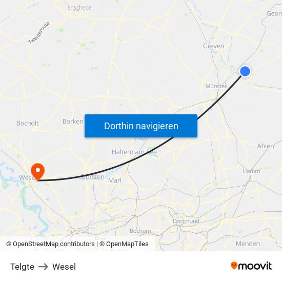 Telgte to Wesel map