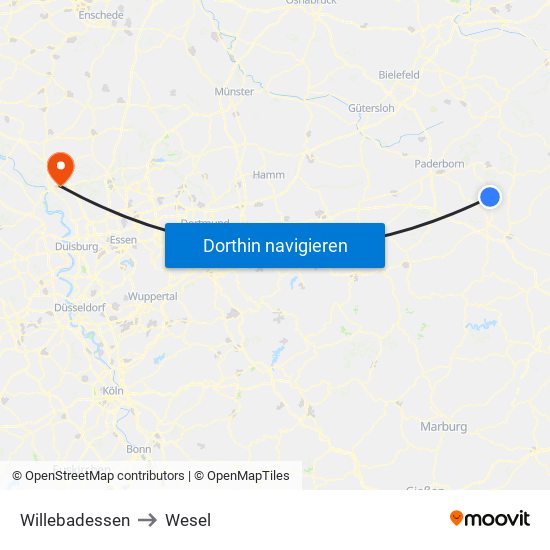 Willebadessen to Wesel map