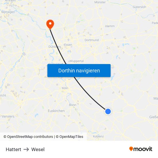 Hattert to Wesel map