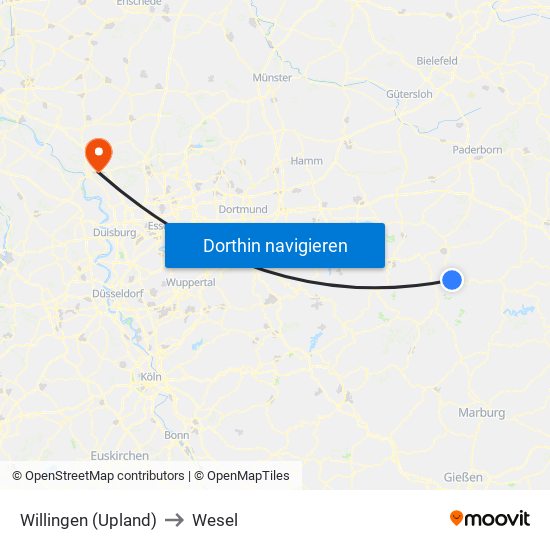 Willingen (Upland) to Wesel map