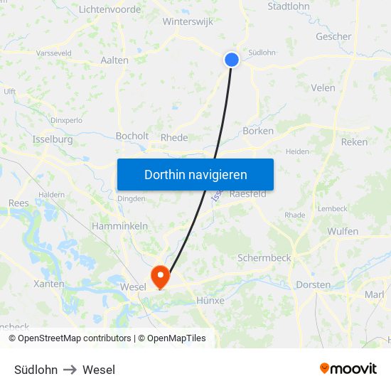 Südlohn to Wesel map