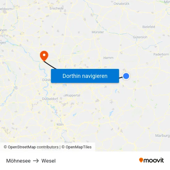 Möhnesee to Wesel map