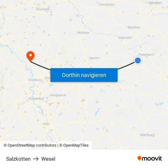 Salzkotten to Wesel map