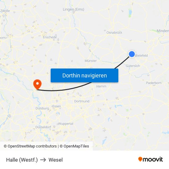 Halle (Westf.) to Wesel map