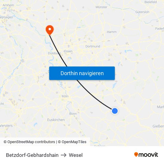 Betzdorf-Gebhardshain to Wesel map