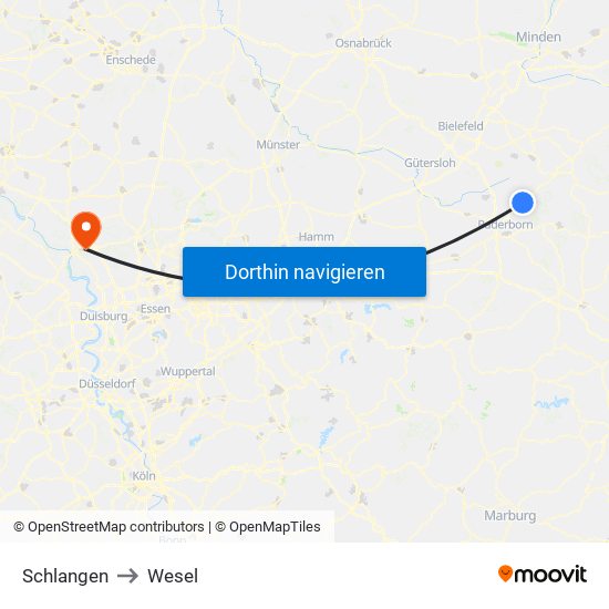 Schlangen to Wesel map