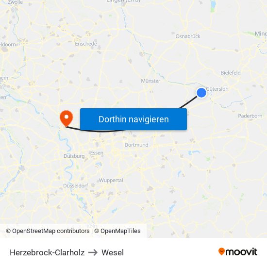 Herzebrock-Clarholz to Wesel map